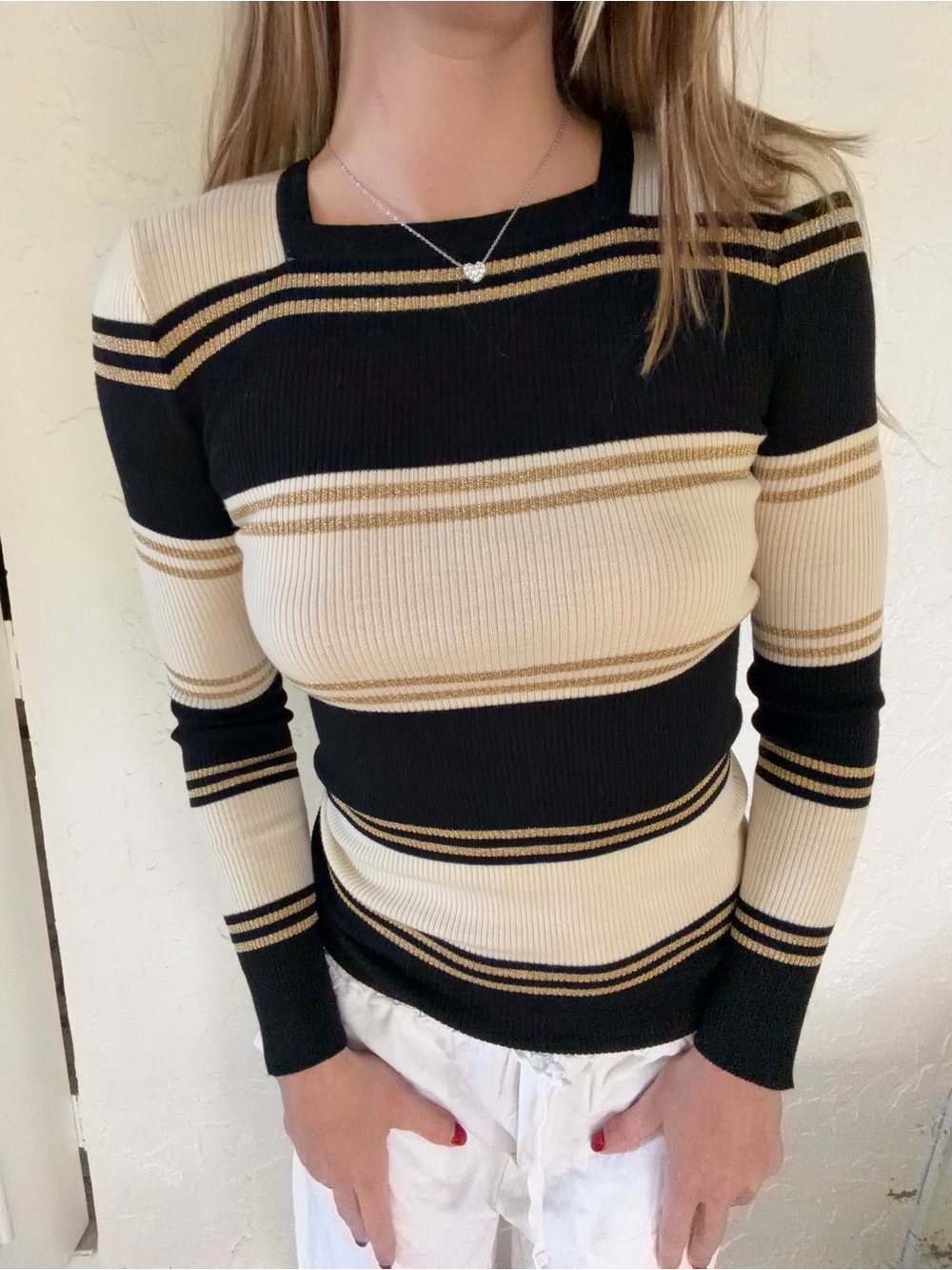 Yves Saint Laurent Vintage Black and Cream Striped Rib-Knit Scoop Sweater
